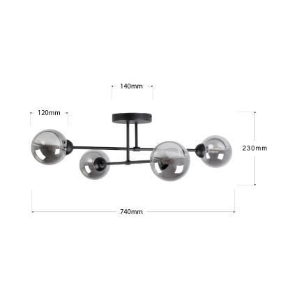 Griestu lustra OBSIDIAN, virsmas piestiprināma, 4xG9/10W/230V, melna/dūmakaini pelēka