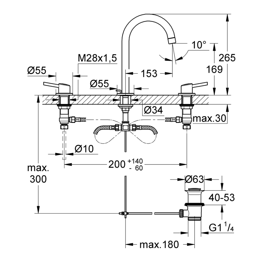 GROHE 20216001 - Trīscaurumu izlietnes jaucējkrāns CONCETTO DN 15, izmērs L, hromēts