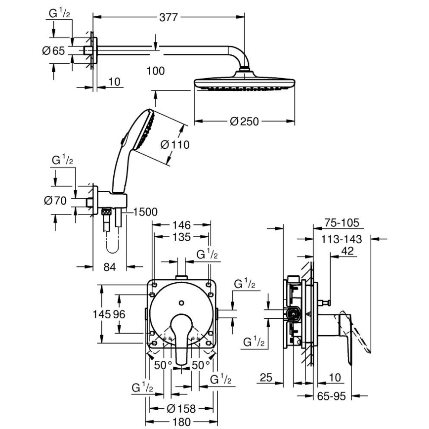 GROHE 25292000 - Iebūvējamā dušas sistēma START VITALIO START 250, hromēta