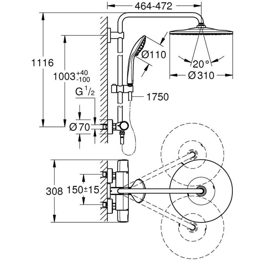 GROHE 26400001 - Dušas sistēma VITALIO JOY SYSTEM 310, 450 mm, spīdīgs hroms