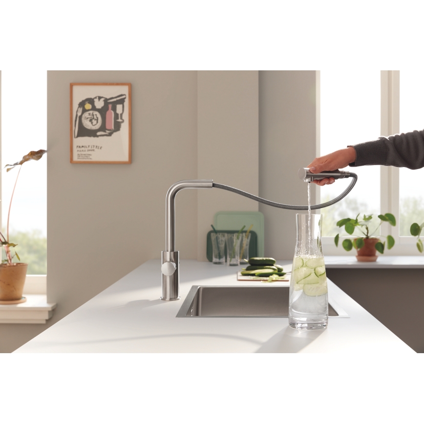 GROHE 30590DC0 - Izlietnes jaucējkrāns ar izvelkamu izsmidzinātāju BLUE PURE, nerūsējošais tērauds