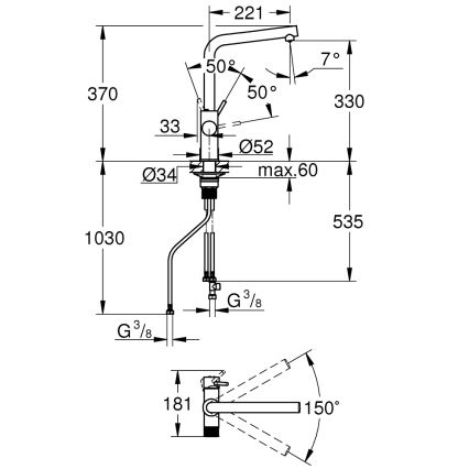 GROHE 30600000 - Virtuves jaucējkrāns BLUE PURE ar L-formas izplūdi, spīdīgs hroms