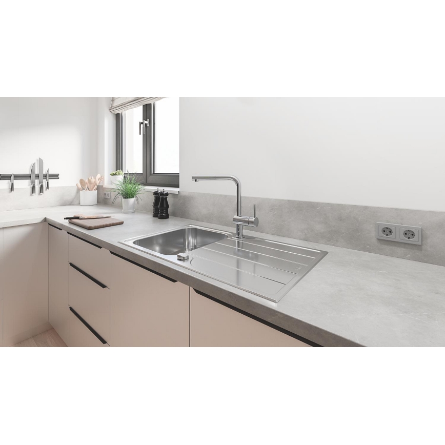 GROHE 31573SD1 - K500 virtuves izlietnes komplekts ar noteces paliktni un A tipa jaucējkrānu, 86×50 cm, nerūsējošais tērauds