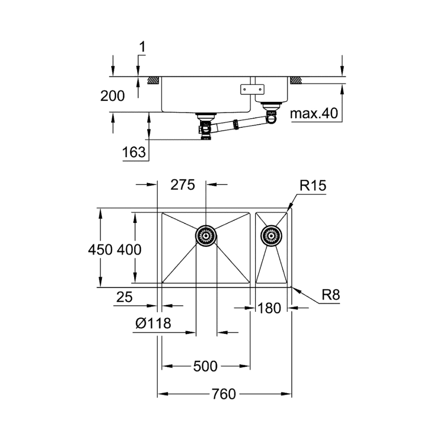 GROHE 31575SD1 - Virtuves izlietne K700U 760 × 450 mm, no nerūsējošā tērauda