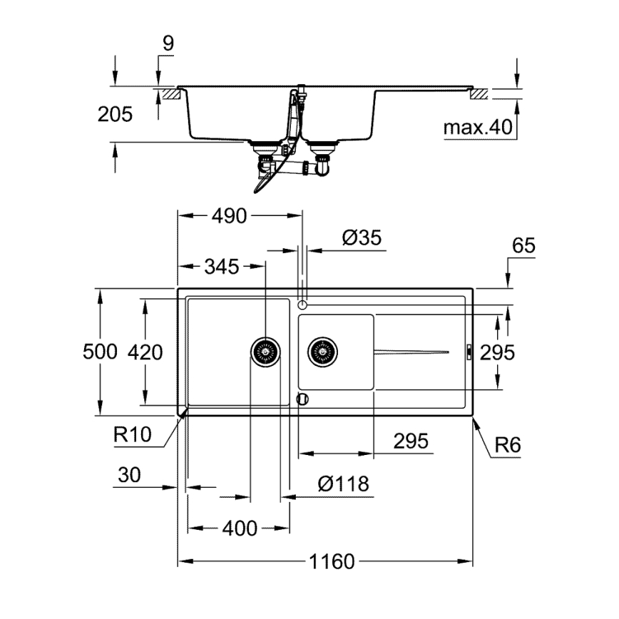 GROHE 31643AP0 - Kompozīta izlietne K400 1160 × 500 mm melna