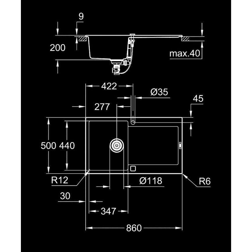 GROHE 31644AP0 - Kompozīta izlietne K500 860 × 500 mm melna