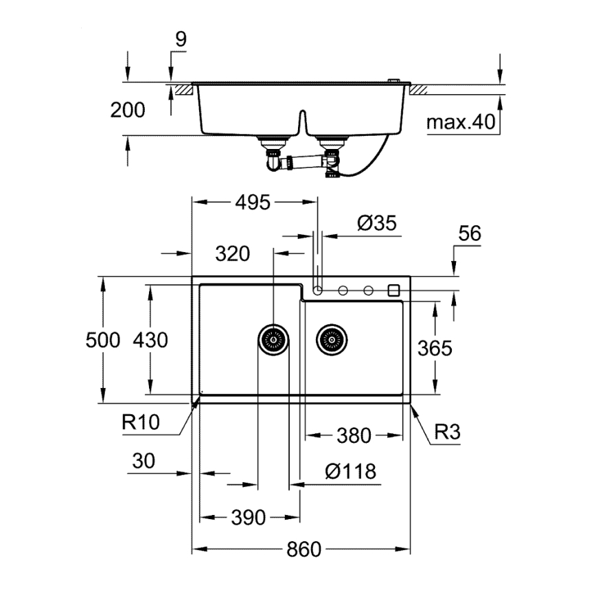 GROHE 31649AP0 - Kompozīta izlietne K500 860 × 500 mm melna