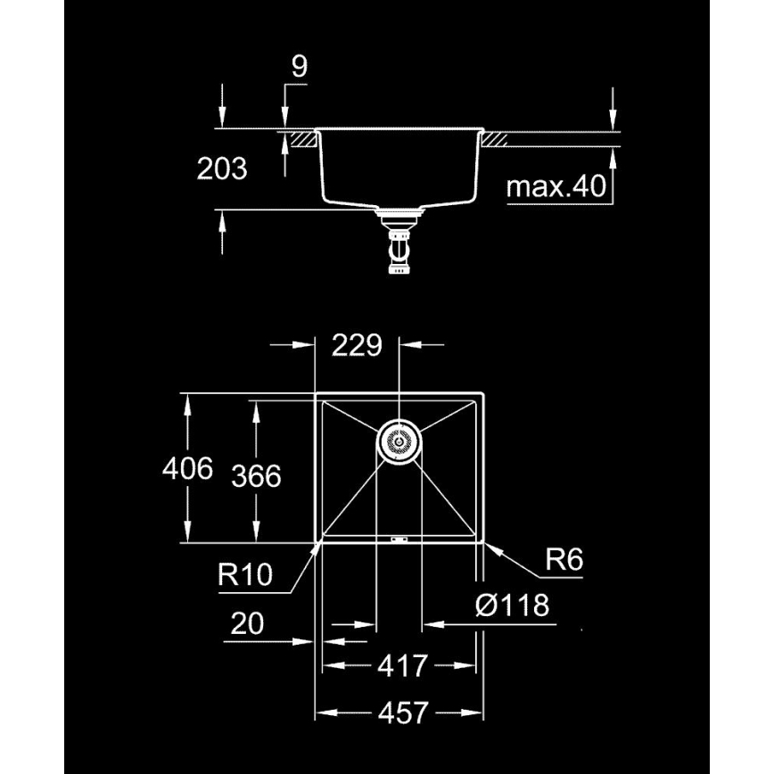 GROHE 31653AP0 - Kompozīta izlietne K700U 457 × 406 mm melna
