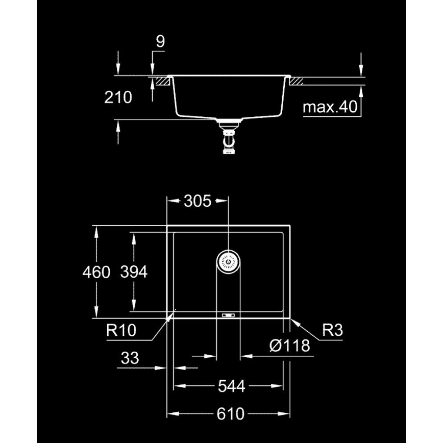 GROHE 31655AP0 - Izlietne K700U 610 × 460 mm melns akmens/melns