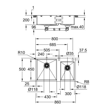 GROHE 31855SD0 - Virtuves izlietne K700 860 × 500 mm no nerūsējošā tērauda