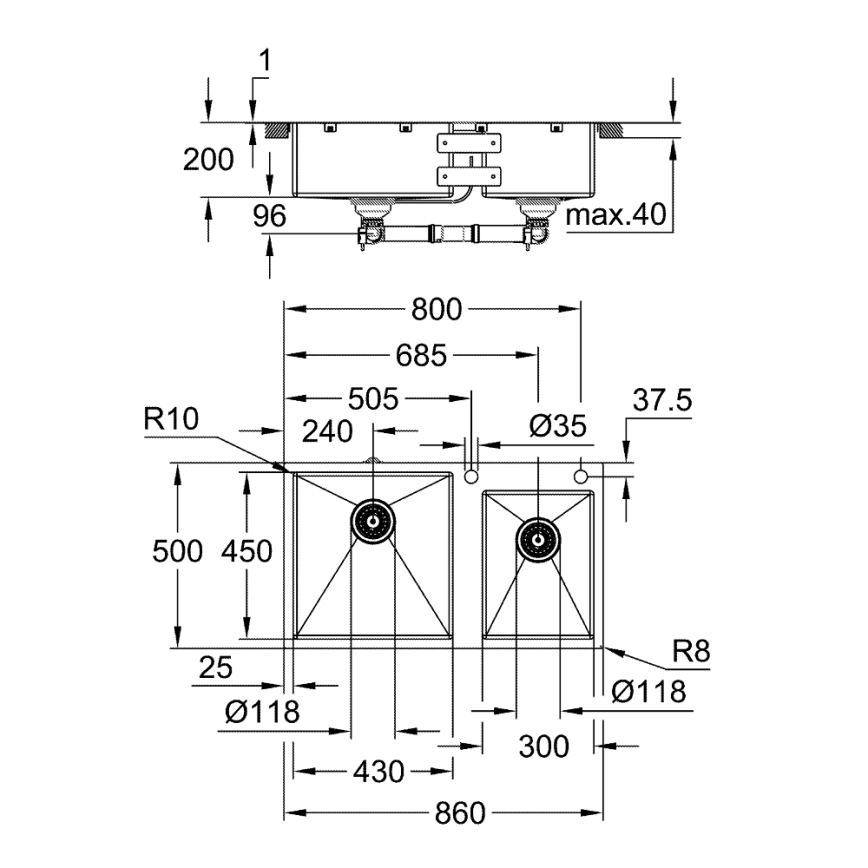 GROHE 31855SD0 - Virtuves izlietne K700 860 × 500 mm no nerūsējošā tērauda
