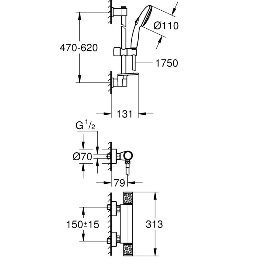 GROHE 34791001 - Termostatisks dušas komplekts PRECISION FEEL 600 mm hroms