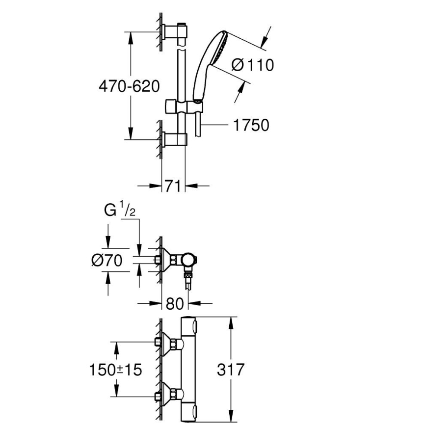 GROHE 34800001 - termostatiskais dušas jaucējkrāns PRECISION FLOW 600 mm, hromēts