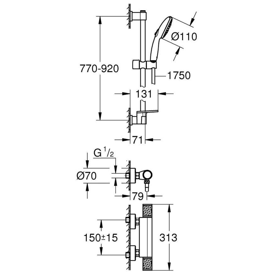 GROHE 34853001 - termostatisks dušas jaucējkrāns PRECISION FEEL + 90 cm komplekts, hroms