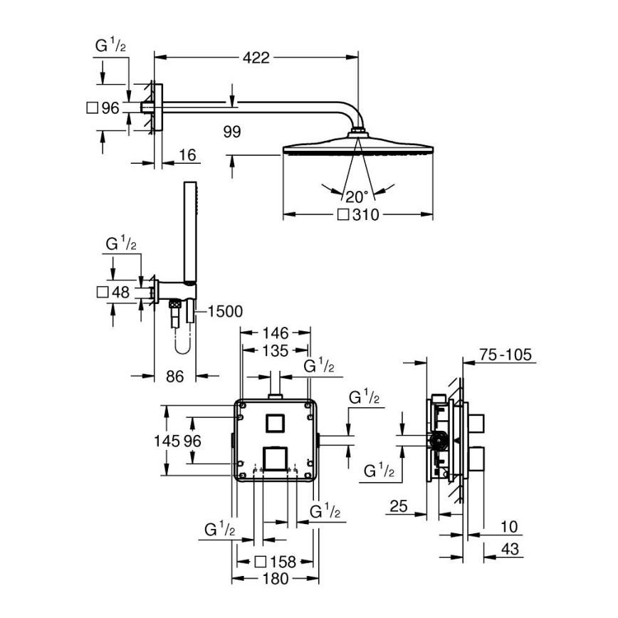 GROHE 34879000 - Iebūvējama dušas sistēma PRECISION CUBE 310 × 310 mm, hroma apdare