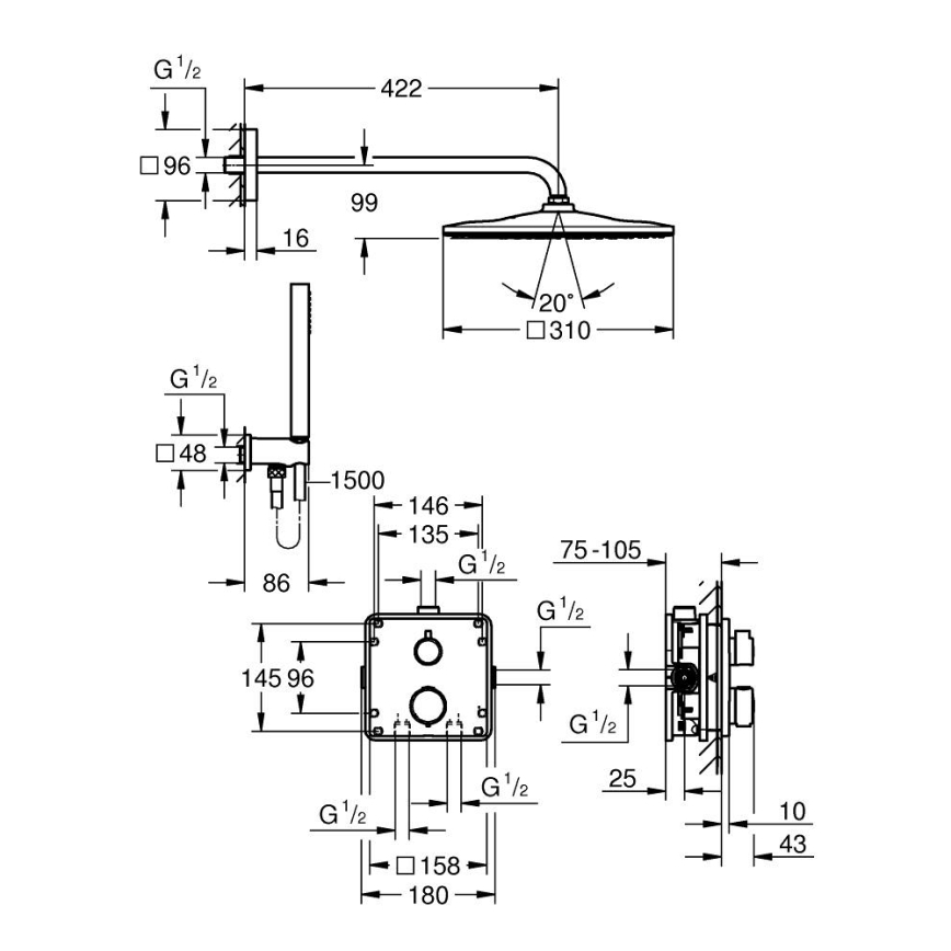 GROHE 34881000 - Iebūvējama dušas sistēma PRECISION 310 × 310 mm spīdīga hroma apdare