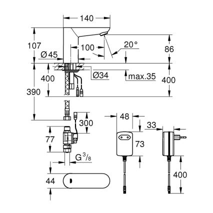 GROHE 36269000 - Elektronisks izlietnes jaucējkrāns EUROECO COSMOPOLITAN E 107 mm hromēts