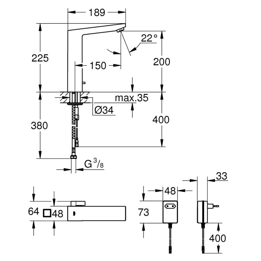 GROHE 36440000 - Infrasarkanais elektroniskais izlietnes jaucējkrāns EUROCUBE E DN 15 hromēts