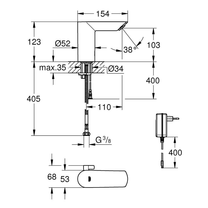 GROHE 36453000 - infrasarkanais elektroniskais izlietnes jaucējkrāns BAU COSMOPOLITAN E 123 mm hroms
