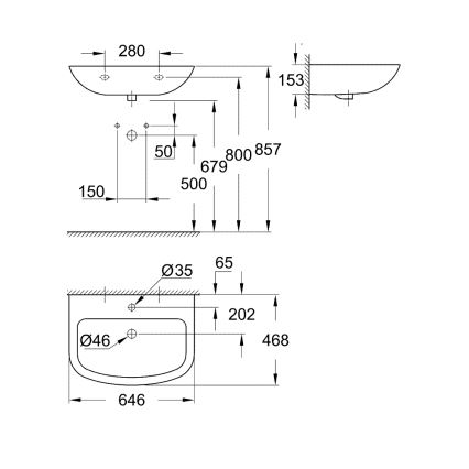 GROHE 39420000 - sienas uzstādāma izlietne BAU CERAMIC 646 × 468 mm keramika/balta