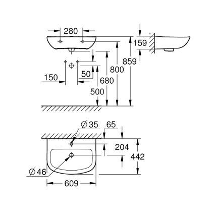 GROHE 39421000 - Sienas uzstādāma izlietne BAU CERAMIC 609 × 442 mm keramika/balta