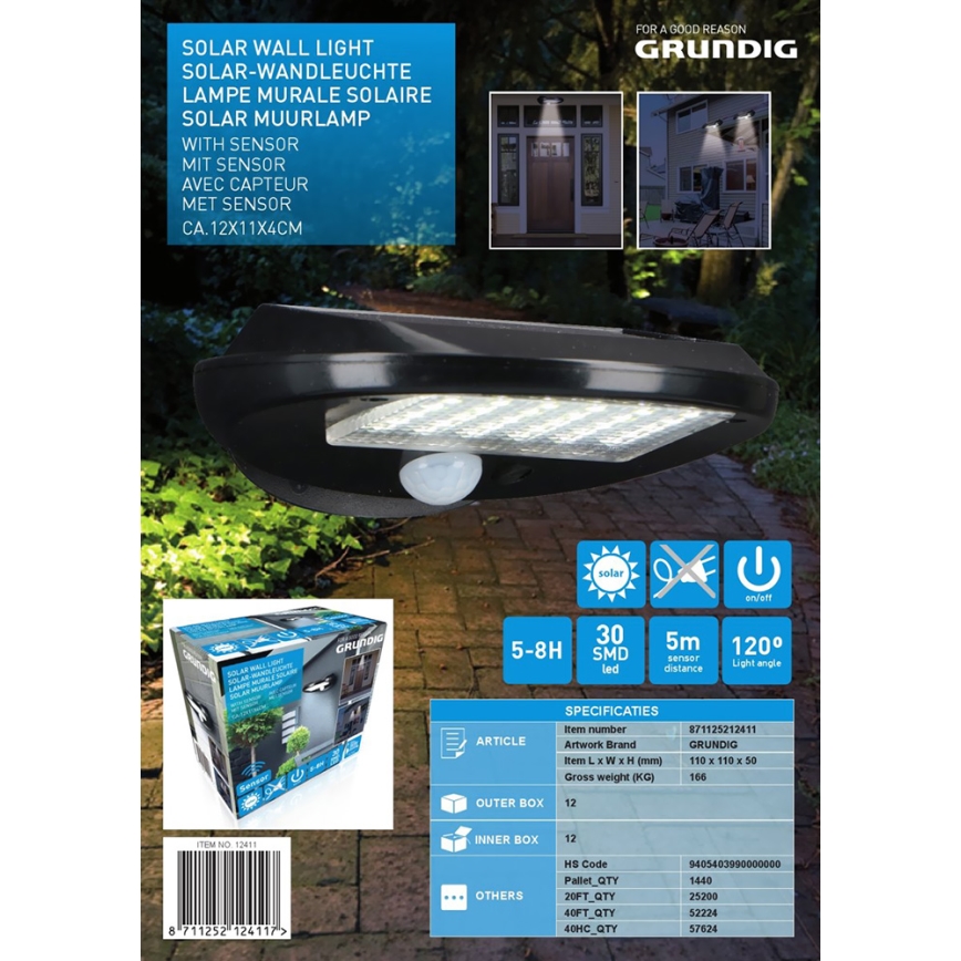 Grundig - KOMPLEKTS  2x LED Saules enerģijas sienas gaismeklis ar sensoru LED/3,2V