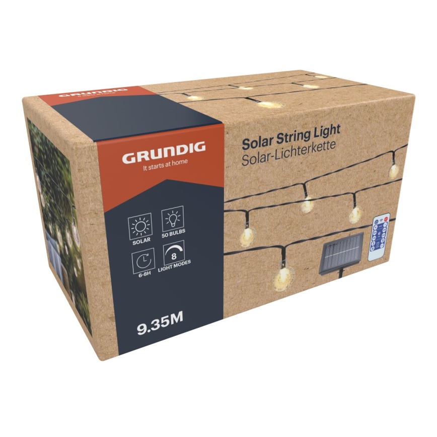 Grundig - LED Aptumšojama saules enerģijas virtene 50xLED/8 funkcijas 9,35m IP44 silti balta + tālvadības pults