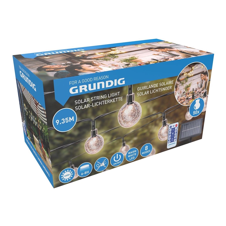 Grundig - LED Aptumšojama saules enerģijas virtene 50xLED/8 funkcijas 9,35m silti balta + tālvadības pults