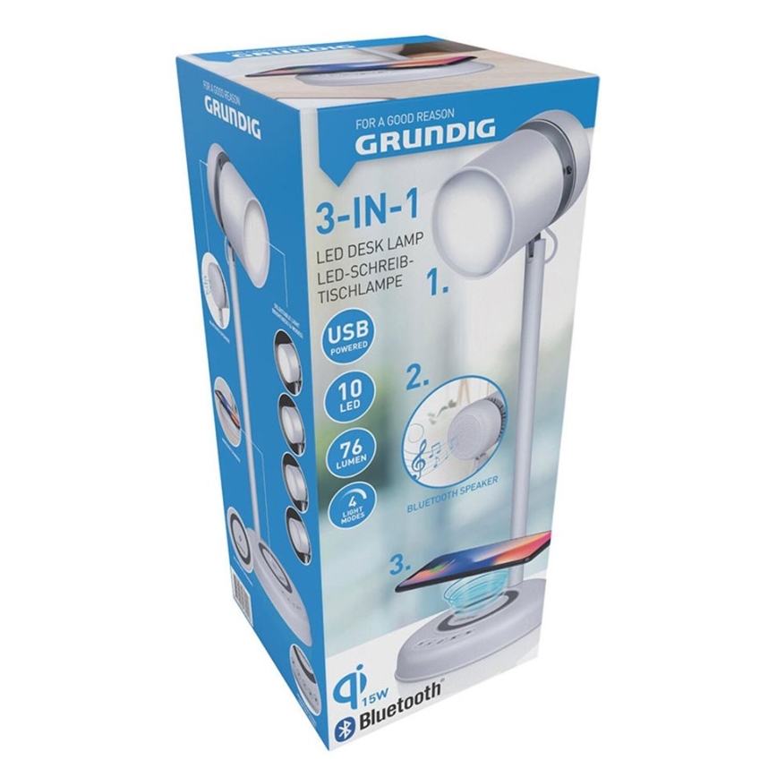Grundig - LED galda lampa 3 vienā ar bezvadu uzlādi un skaļruni LED/15W/5V