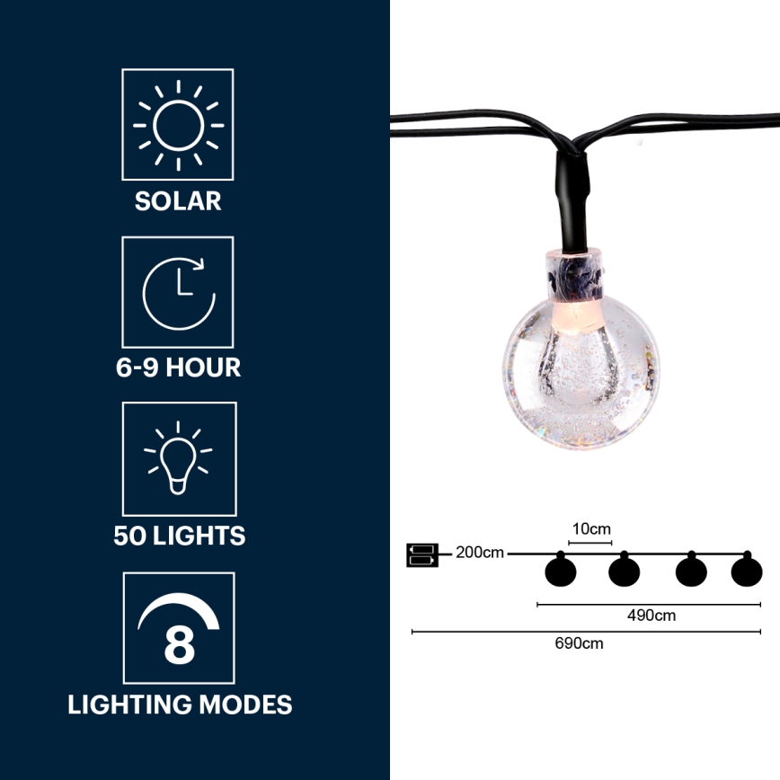 Grundig - LED Saules enerģijas virtene 50xLED/8 funkcijas 6,9m silti balta