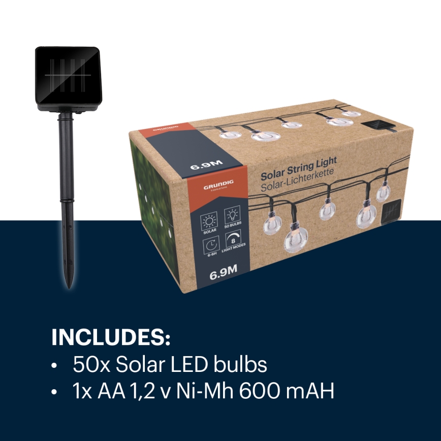 Grundig - LED Saules enerģijas virtene 50xLED/8 funkcijas 6,9m silti balta