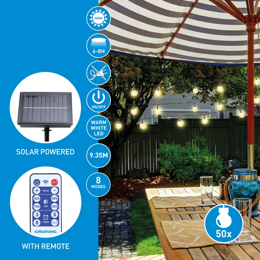 Grundig - LED saules virtene ar regulējamu spilgtumu 50 LED/8 režīmi 9,35 m siltā balta 1200 mAh IP44 + tālvadība