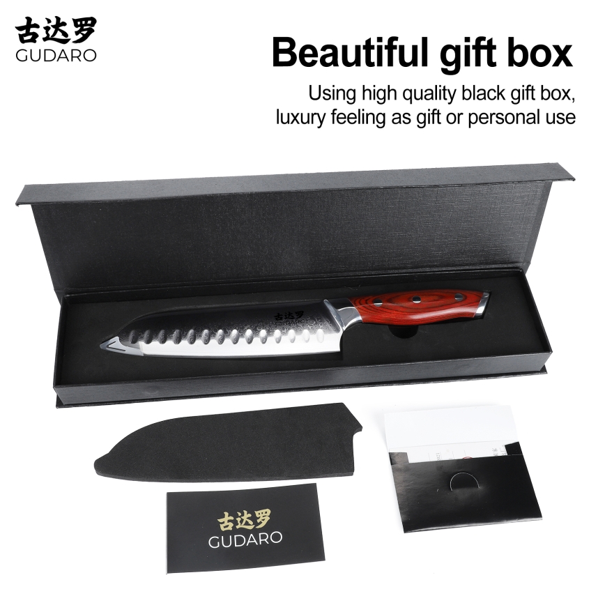 Gudaro - Damasķa Santoku virtuves nazis KENSHO 7, 67 slāņu tērauda asmens, garums 17,5 cm