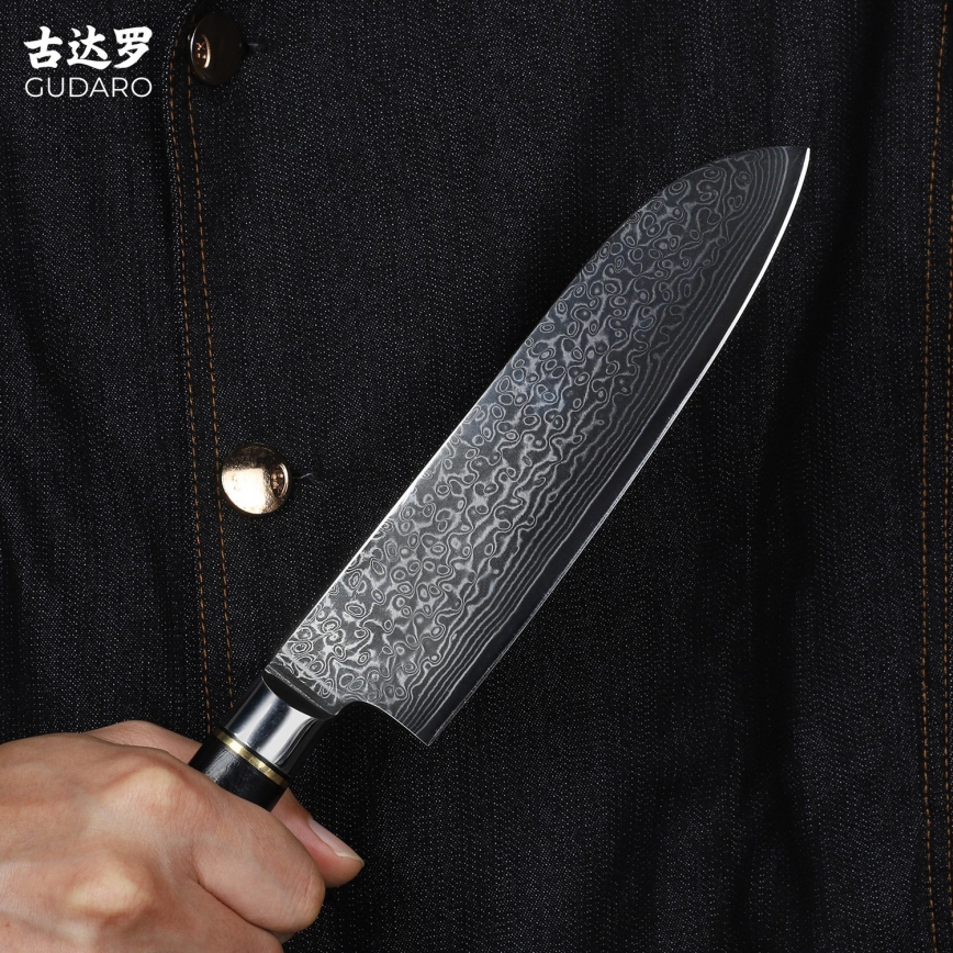 Gudaro - Damaskas Santoku virtuves nazis AKIRO 7, 67 slāņu tērauda, garums 17,5 cm, melns
