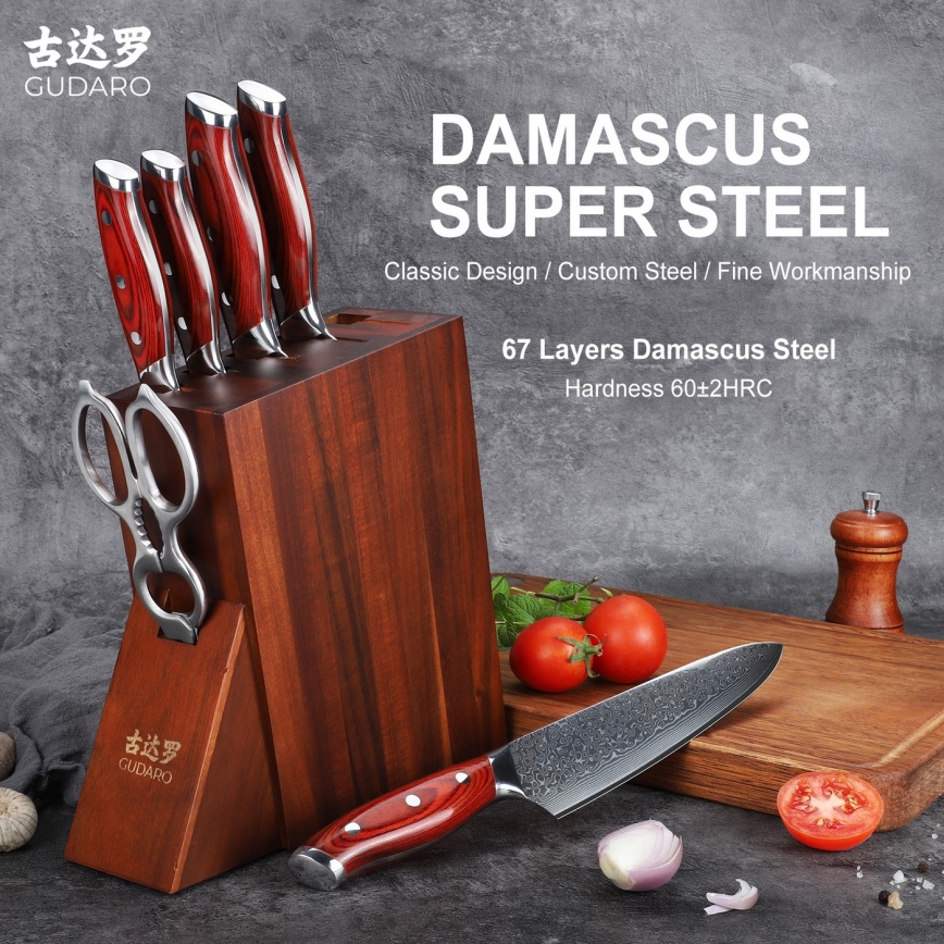 Gudaro - KENSHO 7 gab. virtuves nažu komplekts ar statīvu no akācijas koka