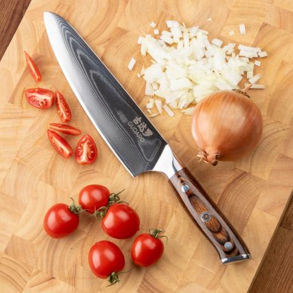 Gudaro - KOMPLEKTS 1x damaskas tērauda šefpavāra nazis FENG 8, ar 67 slāņiem tēraudā, garums 20 cm + 1x damaskas tērauda Santoku virtuves nazis FENG 7,5, ar 67 slāņiem tēraudā, garums 18 cm + 1x BEZMAKSAS damaskas tērauda virtuves nazis FENG 3,5, 