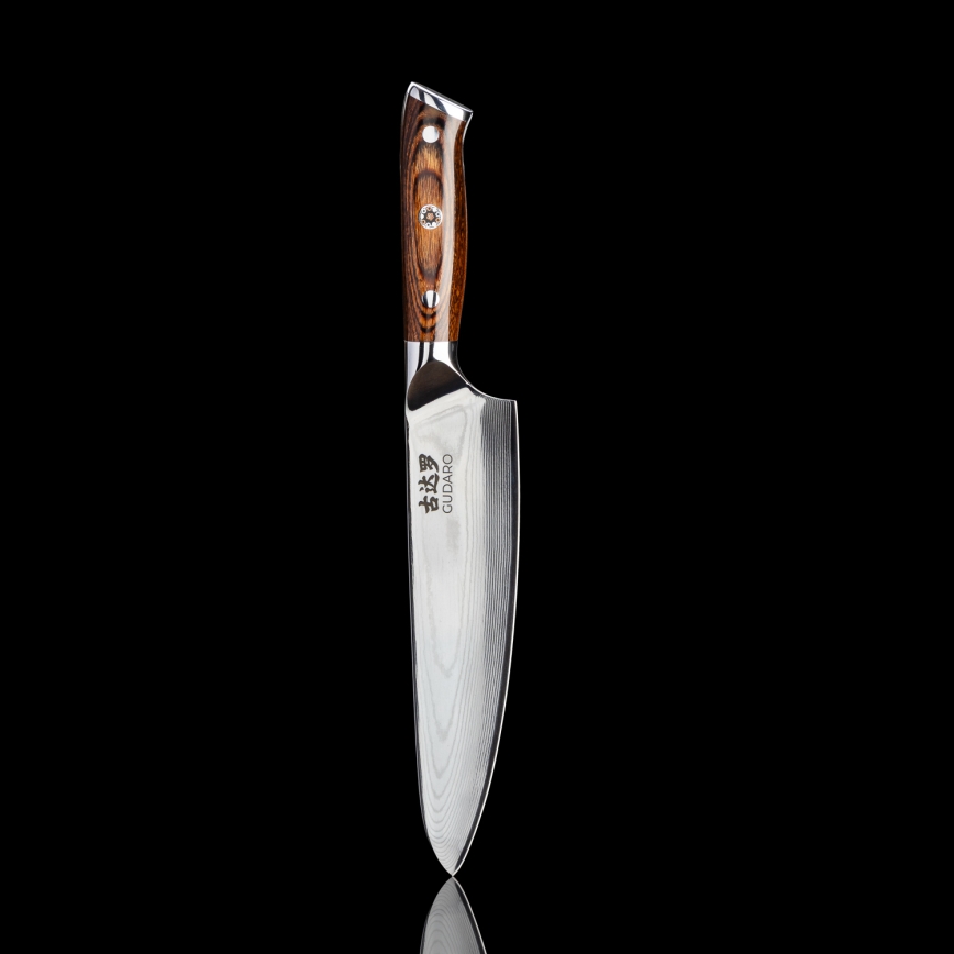 Gudaro - KOMPLEKTS 1x damaskas tērauda šefpavāra nazis FENG 8, ar 67 slāņiem tēraudā, garums 20 cm + 1x damaskas tērauda Santoku virtuves nazis FENG 7,5, ar 67 slāņiem tēraudā, garums 18 cm + 1x BEZMAKSAS damaskas tērauda virtuves nazis FENG 3,5, 