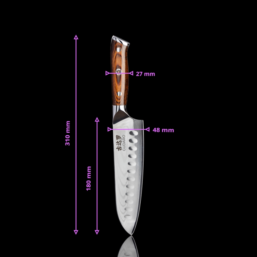 Gudaro - KOMPLEKTS 1x damaskas tērauda šefpavāra nazis FENG 8, ar 67 slāņiem tēraudā, garums 20 cm + 1x damaskas tērauda Santoku virtuves nazis FENG 7,5, ar 67 slāņiem tēraudā, garums 18 cm + 1x BEZMAKSAS damaskas tērauda virtuves nazis FENG 3,5, 