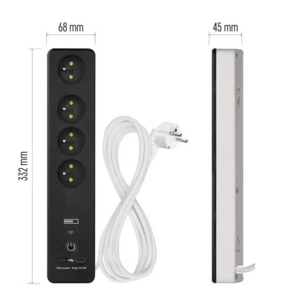 Gudrs pagarinātājs ar slēdzi GoSmart 4Z + 1xUSB-A + 1xUSB-C 2 m Wi-Fi Tuya