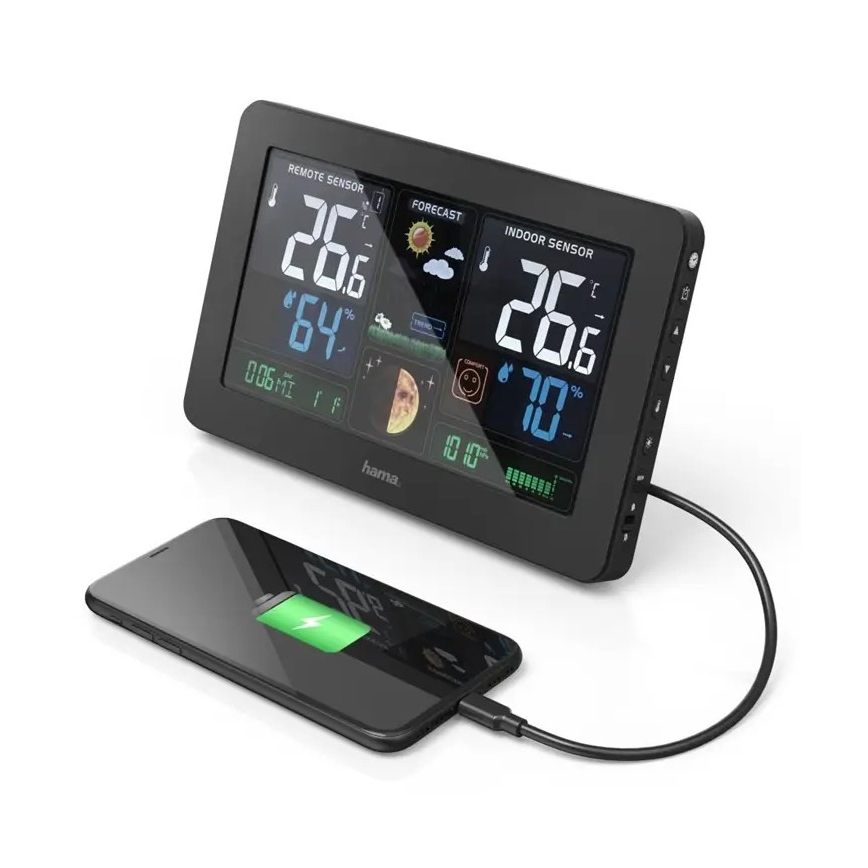 Hama - Laika stacija ar krāsainu LCD ekrānu un modinātāju + USB melna