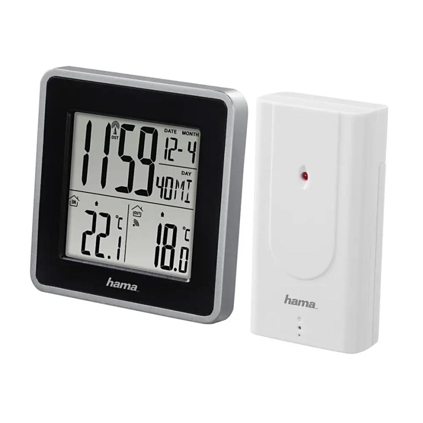 Hama - Meteostacija ar LCD ekrānu un modinātāja pulkstenis 2xAA + 2xAA melna/pelēka
