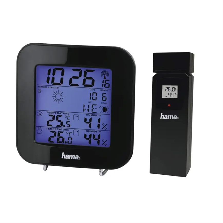 Hama - Meteostacija ar LCD ekrānu un modinātāja pulkstenis 2xAA + 2xAAA melna