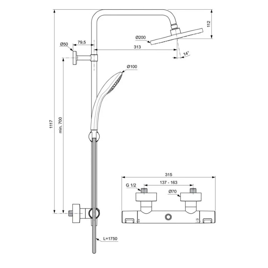 Ideal Standard A7545XG - dušas komplekts ar termostatisko jaucējkrānu CERATHERM T25, matēta melna apdare
