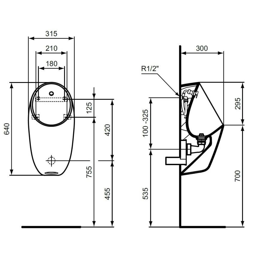 Ideal Standard E253701 - Pisuārs I.LIFE ar aizmugurēju pieslēgumu, aizmugurēju noteku, keramika/balta