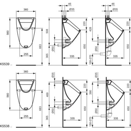 Ideal Standard K553901 - Pisuārs EUROVIT, augšējais pieslēgums, aizmugures izvads, keramika/balta