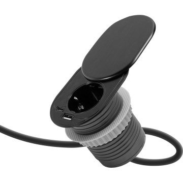 Iebūvējamā kontaktligzda ar slīdējošu vāku, 1 kontaktligzda + USB-C + USB-A, melna