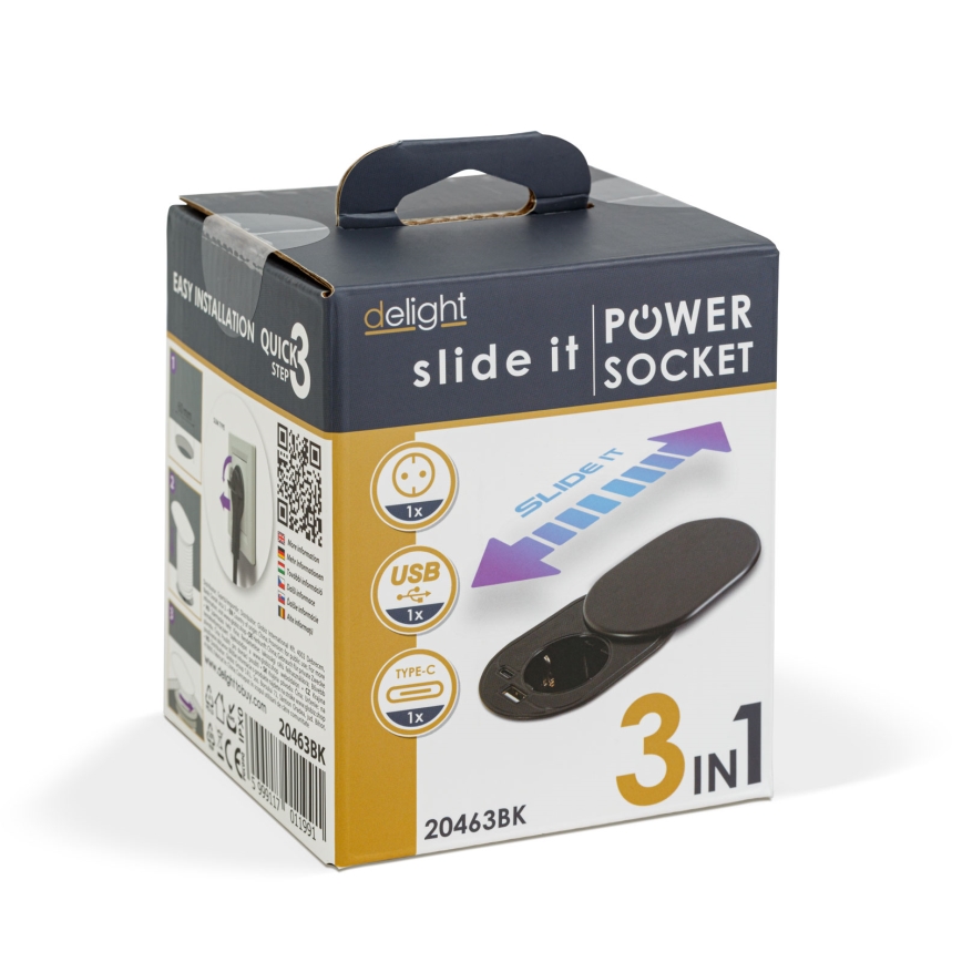 Iebūvējamā kontaktligzda ar slīdējošu vāku, 1 kontaktligzda + USB-C + USB-A, melna