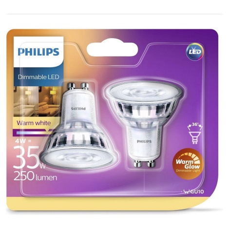 IEPAKOJUMS 2x LED Aptumšojama spuldze Philips Warm Glow GU10/4W/230V 2200K-2700K 