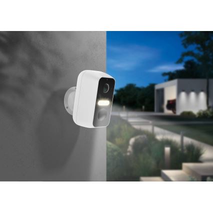 Viedā ārējā kamera ar kustības sensoru — 2K izšķirtspēja, 9600 mAh, IP65, Wi‑Fi (Tuya), balta