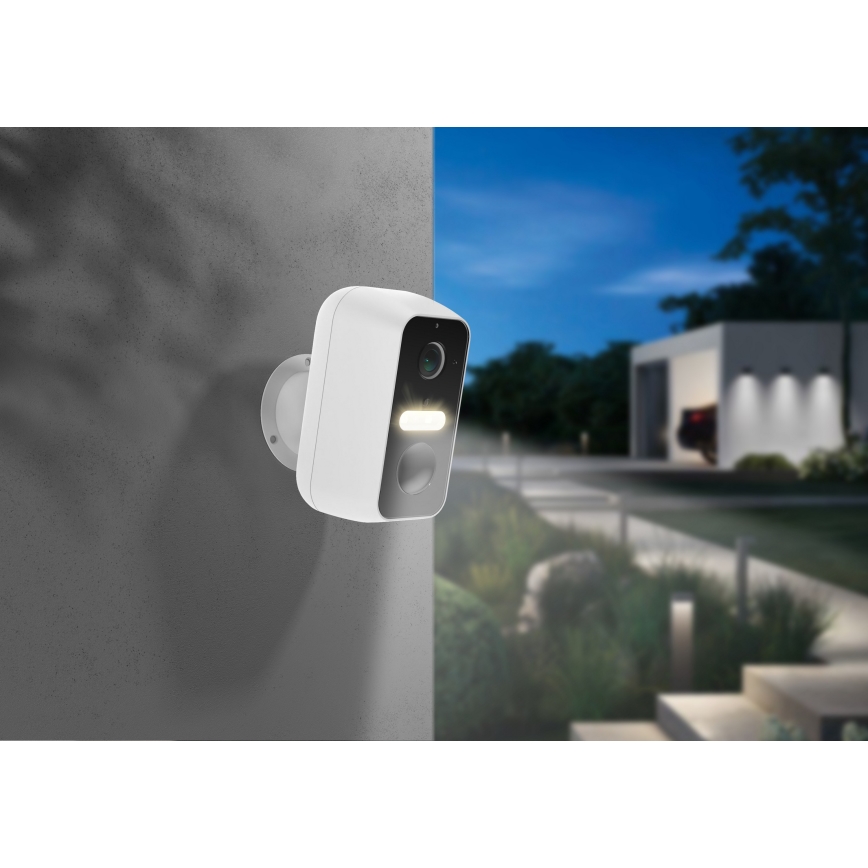 Viedā ārējā kamera ar kustības sensoru — 2K izšķirtspēja, 9600 mAh, IP65, Wi‑Fi (Tuya), balta